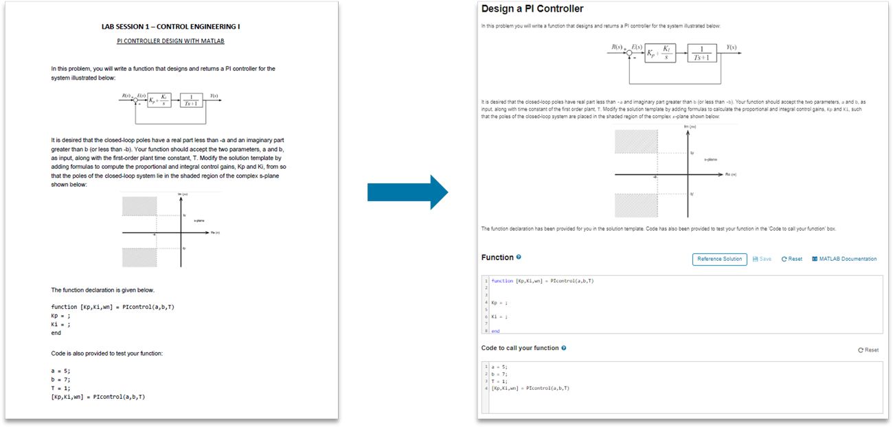 Two images showing the same laboratory practice on control engineering. The first picture shows a PDF and the second shows one a self-assessed exercise with MATLAB Grader. 