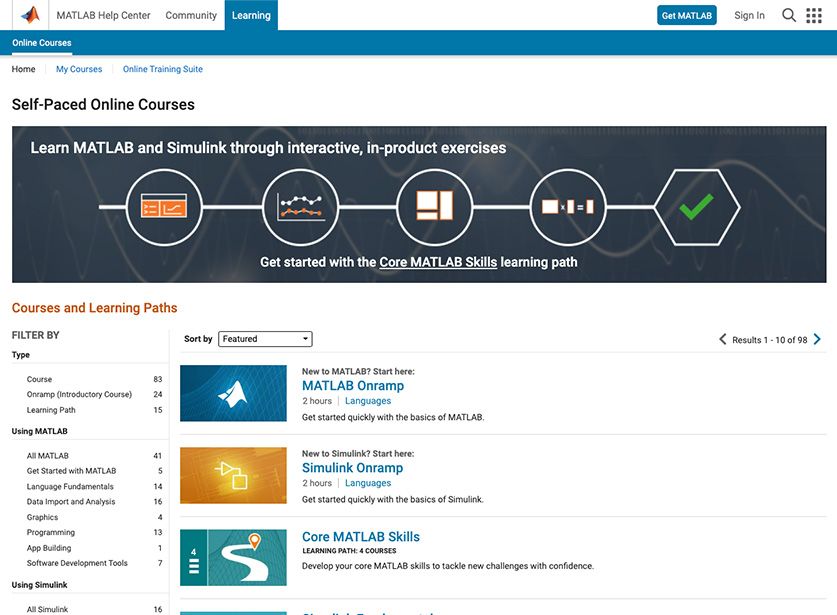 Screenshot of a self-paced online courses page for MATLAB, listing course options and learning paths for MATLAB and Simulink.