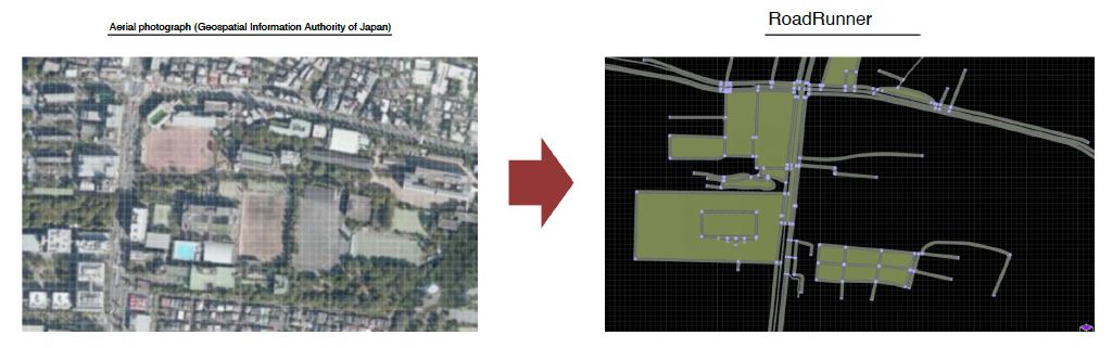 A comparison of an aerial shot of the vehicle route to the simulated route in RoadRunner, which appears as a simplified map with roads shown as lines.