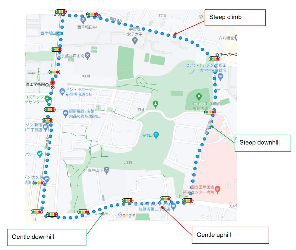 A map with a highlighted route along a road. The map also includes traffic lights.