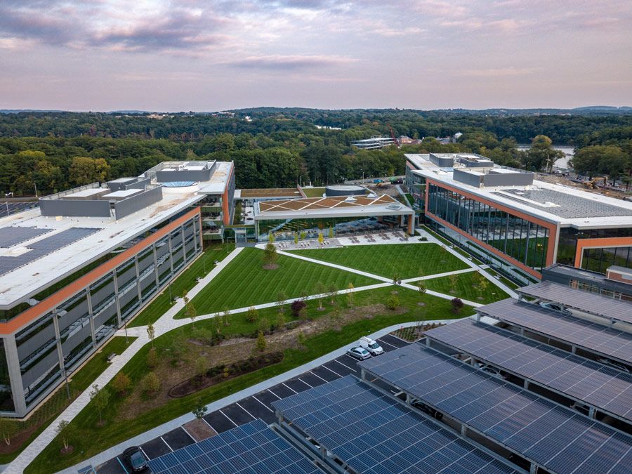 Solar panels on the roofs of buildings on the MathWorks campus.