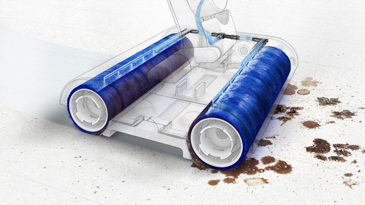 An illustration showing the pulse-modulated pump inside the Dyson rollers, helping it clean muddy spots.
