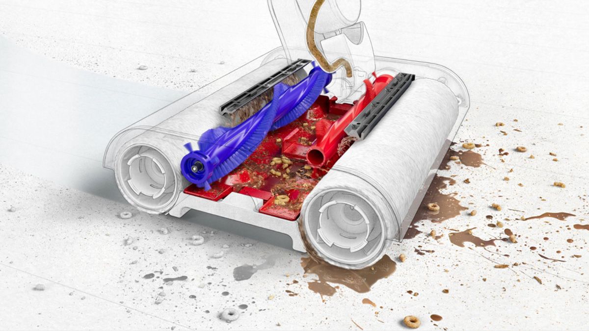 An illustration showing internal brushes within the Dyson rollers collecting debris and hair in an internal tray, with dirty liquid pumped into a separate tank. 