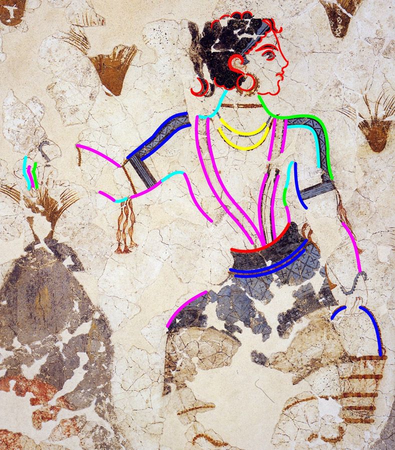 A different section of The Crocus Gathering that uses colored lines to denote the curves and hyperbolae used to make another figure in the fresco.
