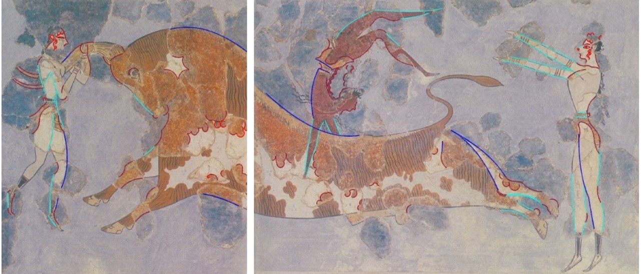 A section of a fresco showing a bull leaping between two people while a third rides its back. Colored lines show the curves made by stencils.