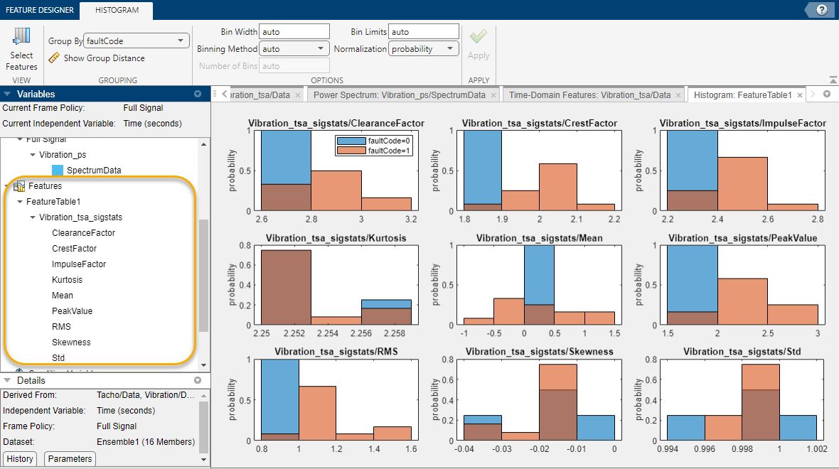 Screenshot of the Diagnostic Feature Designer histogram.