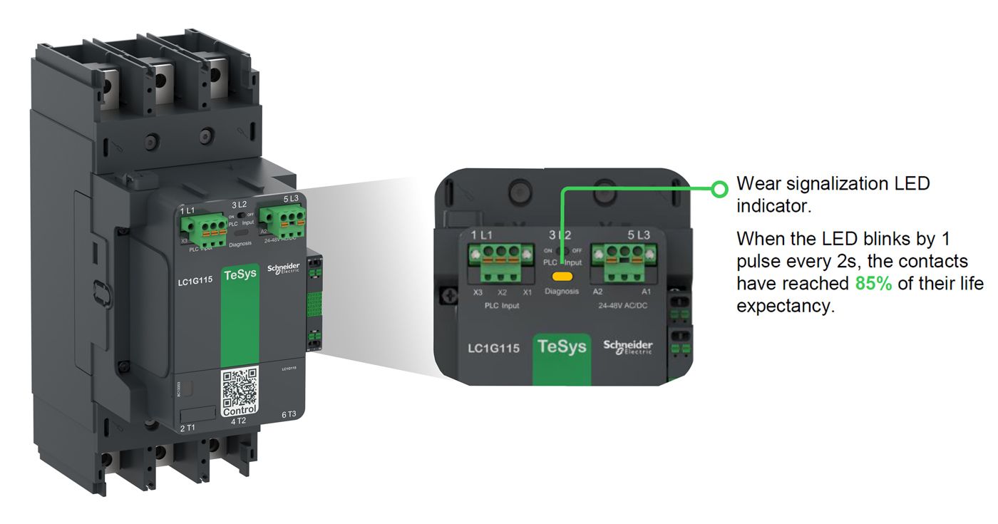 Close-up of the TeSys Giga contactor, showing the wear signalization LED indicator.