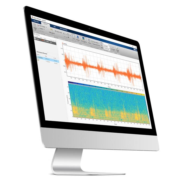 A computer shows signal processing and wavelet analysis of the sound data.