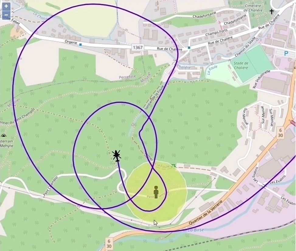A Lifeseeker screenshot of a map showing an aircraft’s path looping around a circle with a symbol of a person at its central point.