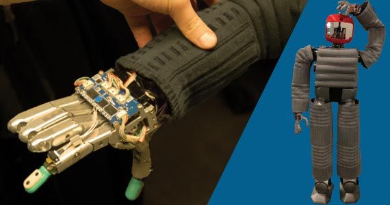 A close-up of Hubo’s touch-sensitive sleeve and Hubo’s full-body protective clothing.