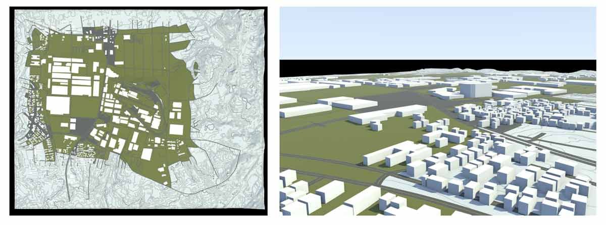Two screenshots showing a simulated reproduction of the surroundings around Toyota’s Headquarters, with buildings represented by 3D white blocks. 