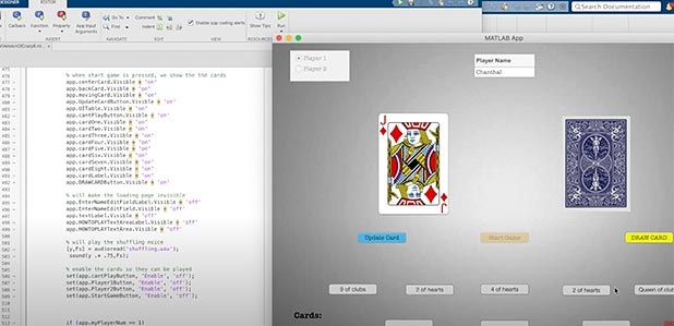Split-screen image, on the left is the MATLAB code for the Crazy 8s card game, which is shown on the right of the split-screen. The card game displays two cards, one face up – the Jack of Diamonds, and one face down, with various control buttons to play the game.