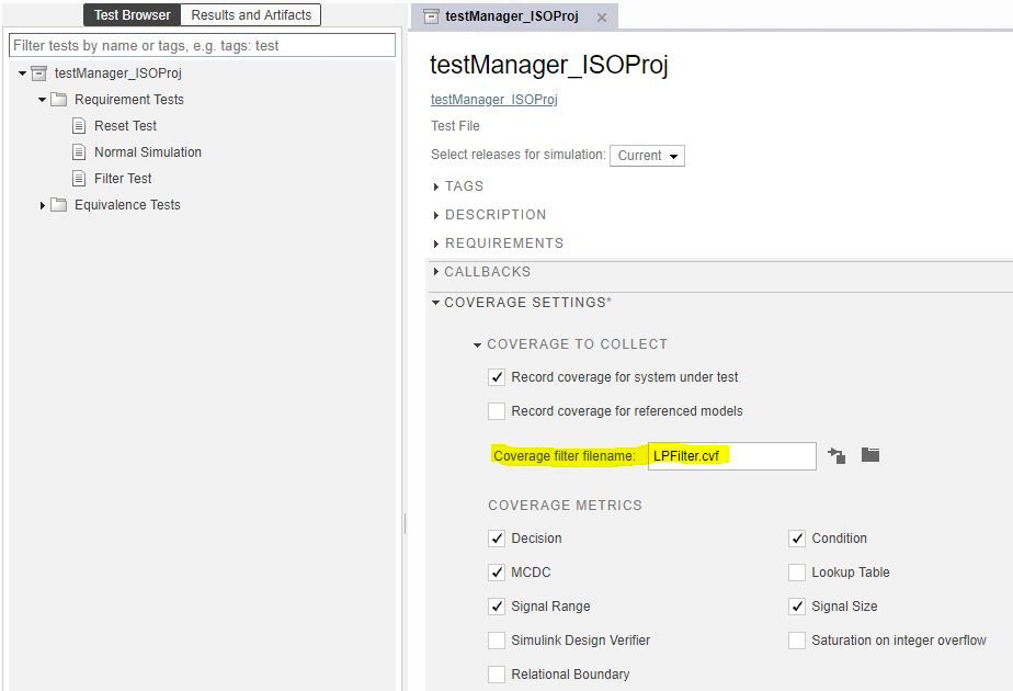 A screenshot of the Test Browser highlighting the coverage filter filename.