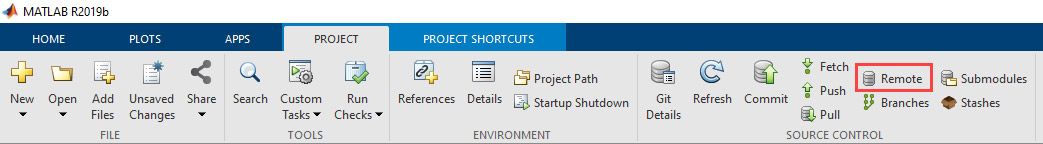 A screenshot of the MATLAB Project tab with Remote highlighted.