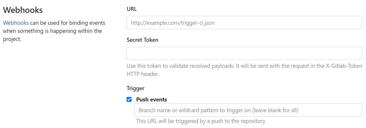 A screenshot of the Webhooks pop-up with the URL form filled in, Secret Token field unfilled, and “Push Events” checked off under “Trigger” with a form to fill in the trigger.