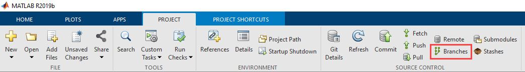 A screenshot of the MATLAB Project tab with the Branches button selected. 