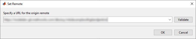 A screenshot of the Set Remote pop-up. It has a form for specifying a URL for the origin remote. The given URL is blurred and there is a Validate button along with an OK button at the bottom.