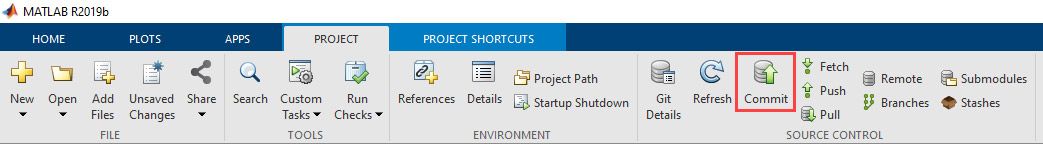 A screenshot of the MATLAB Project tab with the Commit button highlighted.