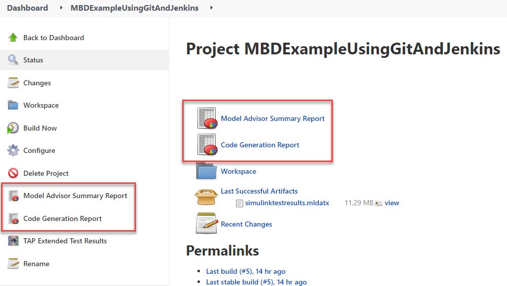 A screenshot showing a Jenkins project dashboard where the options to view the Model Advisor Summary Report and Code Generation Report are highlighted. 