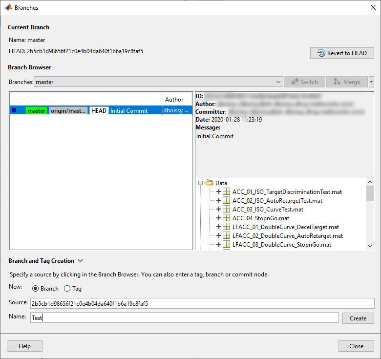 A screenshot of a Branches window with the Branches and Tag creation section expanded. The name of the branch is Test and a create button that is available next to it can be used to create the branch.