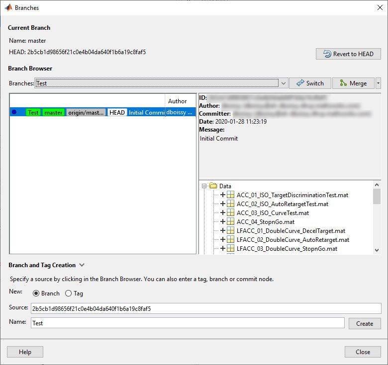A screenshot of the Branches window where the current branch selected is Test. A switch button that is available next to it can be used to switch the existing branch to Test branch. 