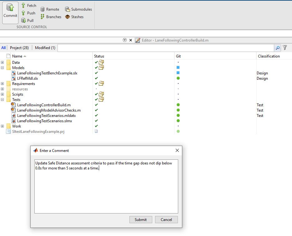 A screenshot of a MATLAB project showing the Commit button selected and corresponding Comment window for the commit message.