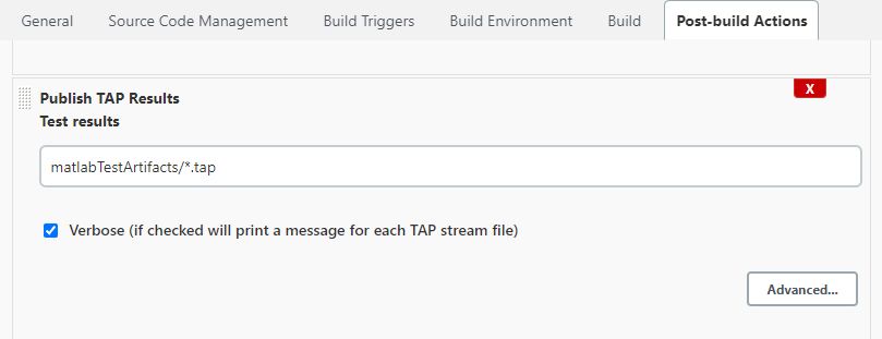 A screenshot of the Post-build actions pop-up with a form for Publishing T A P Results Test results. ‘Verbose’ is checked, which will print a message for each T A P stream file.