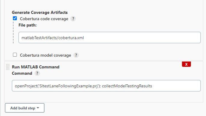 A screenshot of the pop window of Build step. The form for Run MATLAB command is filled with command to collect model testing results. This form has been placed after the Run MATLAB tests build step.