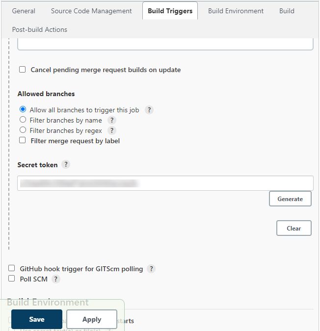 Another screenshot of the Build Triggers tab. Under the Allowed branches, section, ‘allow all branches to trigger this job’ is selected. There is a form for the Secret token, which is blurred out. There are save and apply buttons.