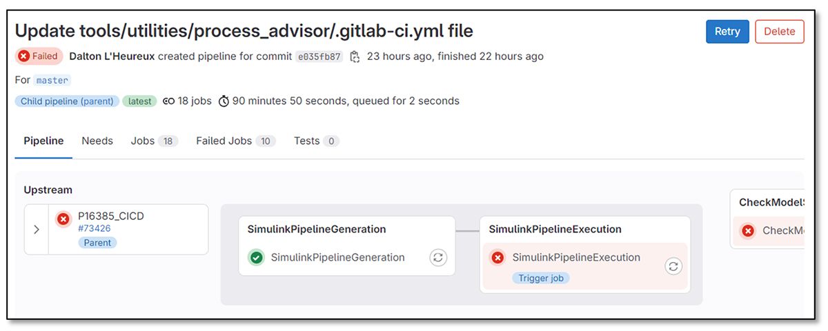 A screenshot showing GitLab’s detailed pipeline status page, allowing users to track job stages and outcomes for better visibility into CI/CD processes.
