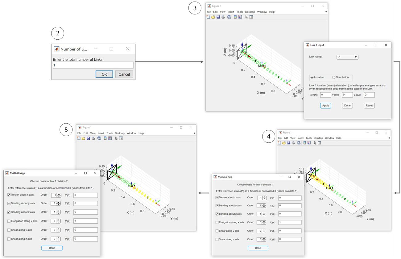  Screen captures from SoRoSim toolbox showing the workflow for assembling a single-link linkage for a soft manipulator.