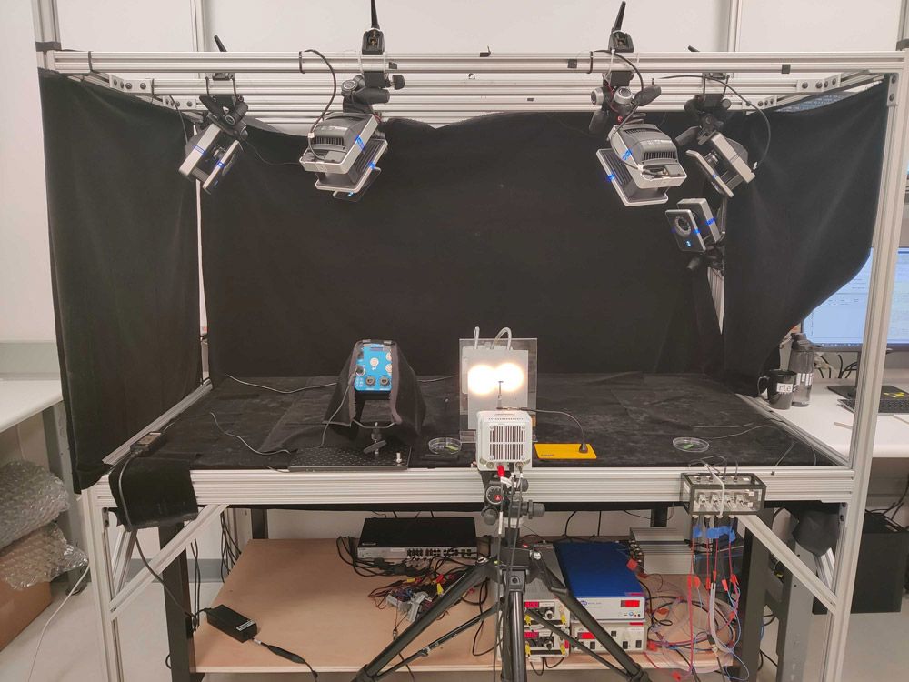 Test environment for MIT’s soft-actuated aerial microrobot, including the Vicon motion capture system and Speedgoat real-time target machine.