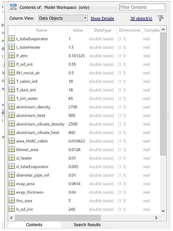 Simulink screenshot of the HVAC model workspace, with several modifiable system parameters.