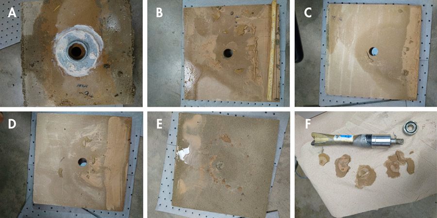 Figure 6. Wellbores drilled in the rock layers and the bit used to drill them.