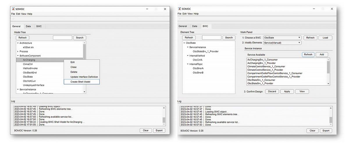 A screenshot of the SOMOC user interface. The left panel displays an architecture tree view, and the right panel shows a component composer interface for managing software architecture.