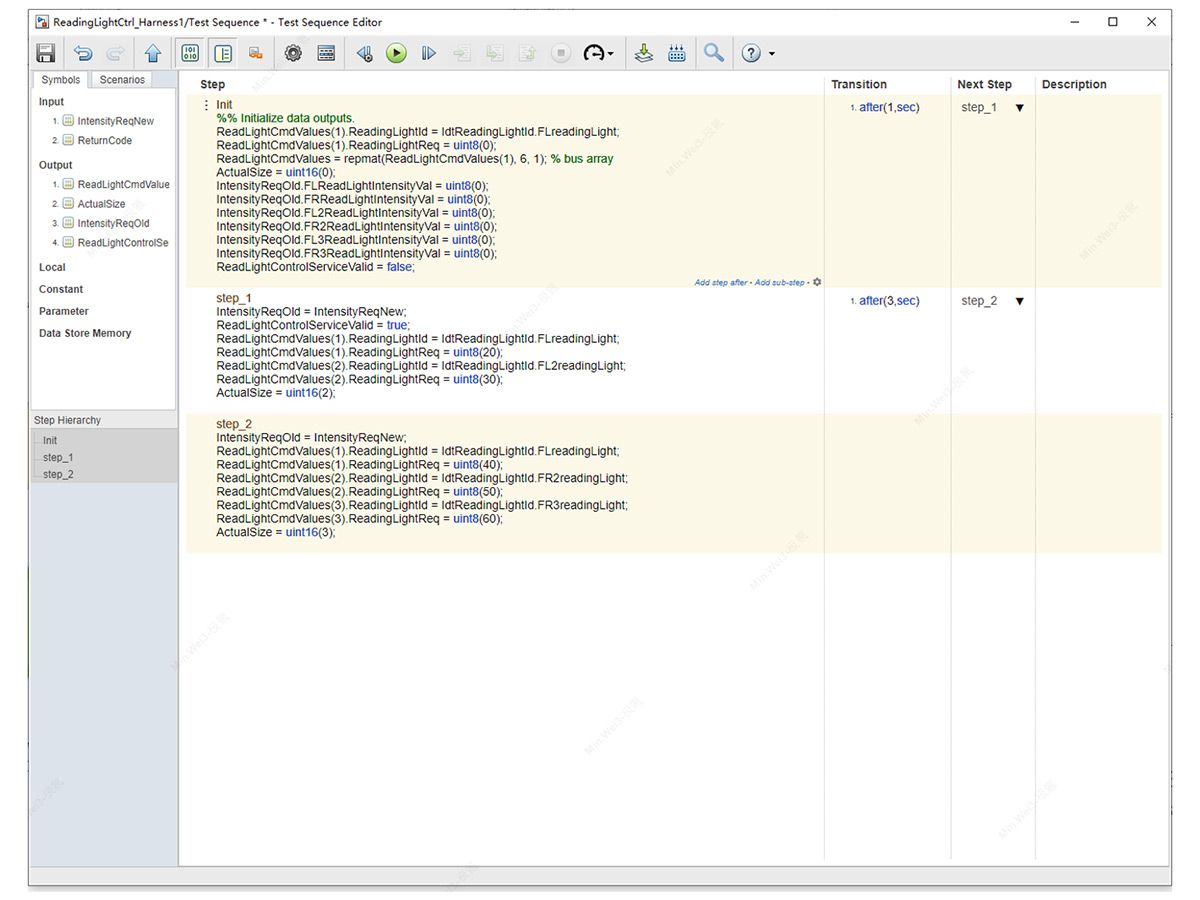A screenshot of Simulink Test Sequence Editor displaying a test harness sequence used to validate service interactions between components during model-level testing.
