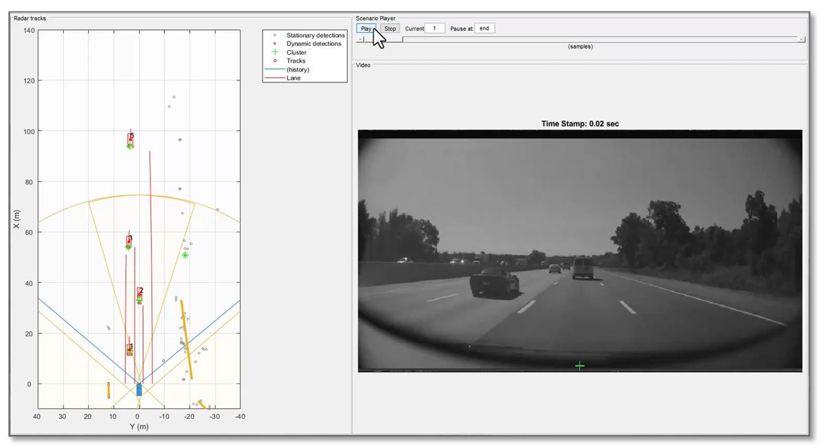 Screenshot showing radar tracks compared with the view from the ego vehicle camera.