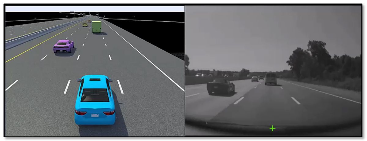Screenshot of the RoadRunner Scenario simulation alongside the camera view from the ego vehicle.