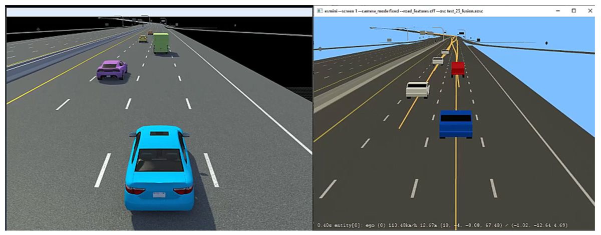 Screenshot of synchronized simulations running in RoadRunner Scenario and esmini.