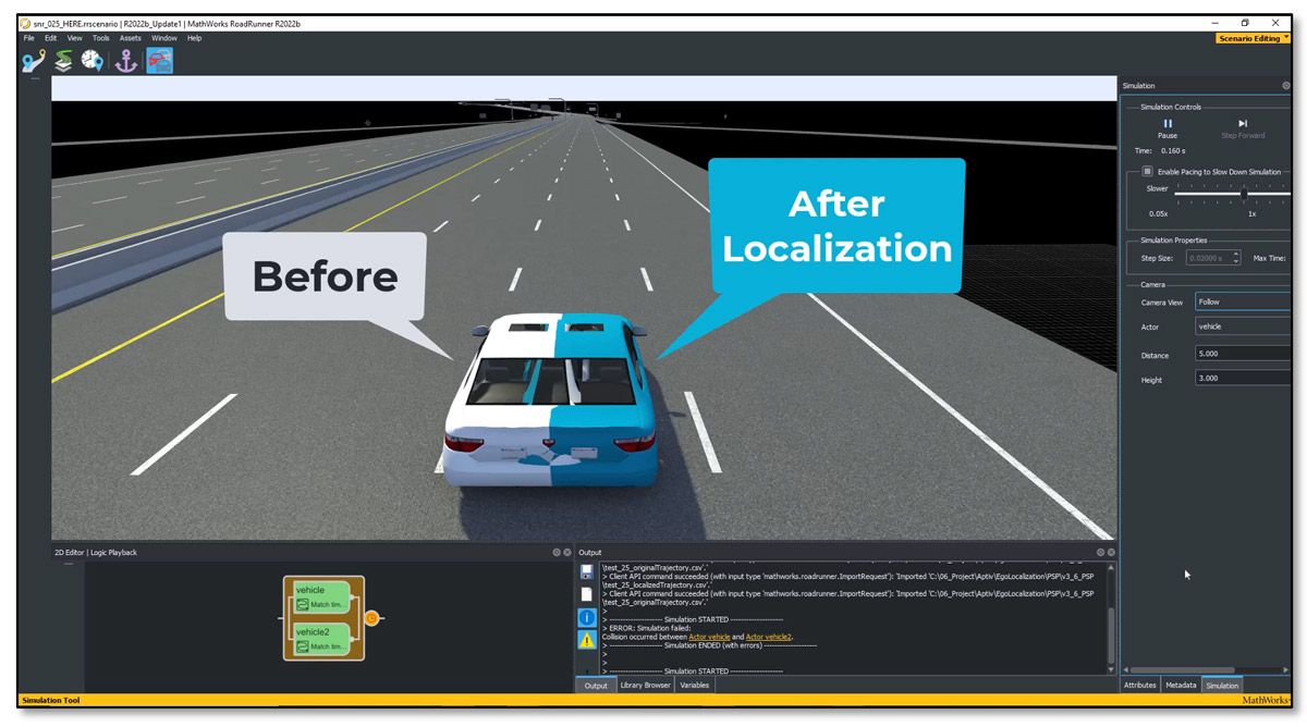Screenshot of an ego vehicle simulation running in RoadRunner Scenario before and after localization by lane detections in white and blue respectively.