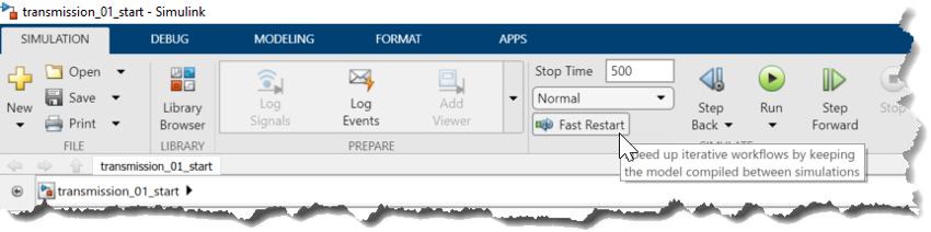 Screen capture of the Fast Restart feature in Simulink.