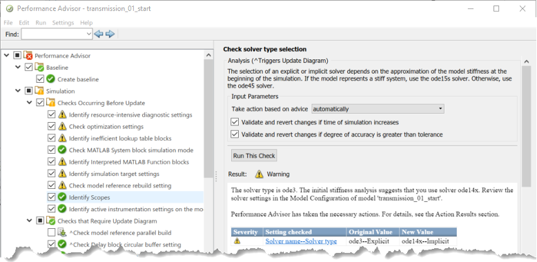 Screen capture of Simulink Performance Advisor settings.