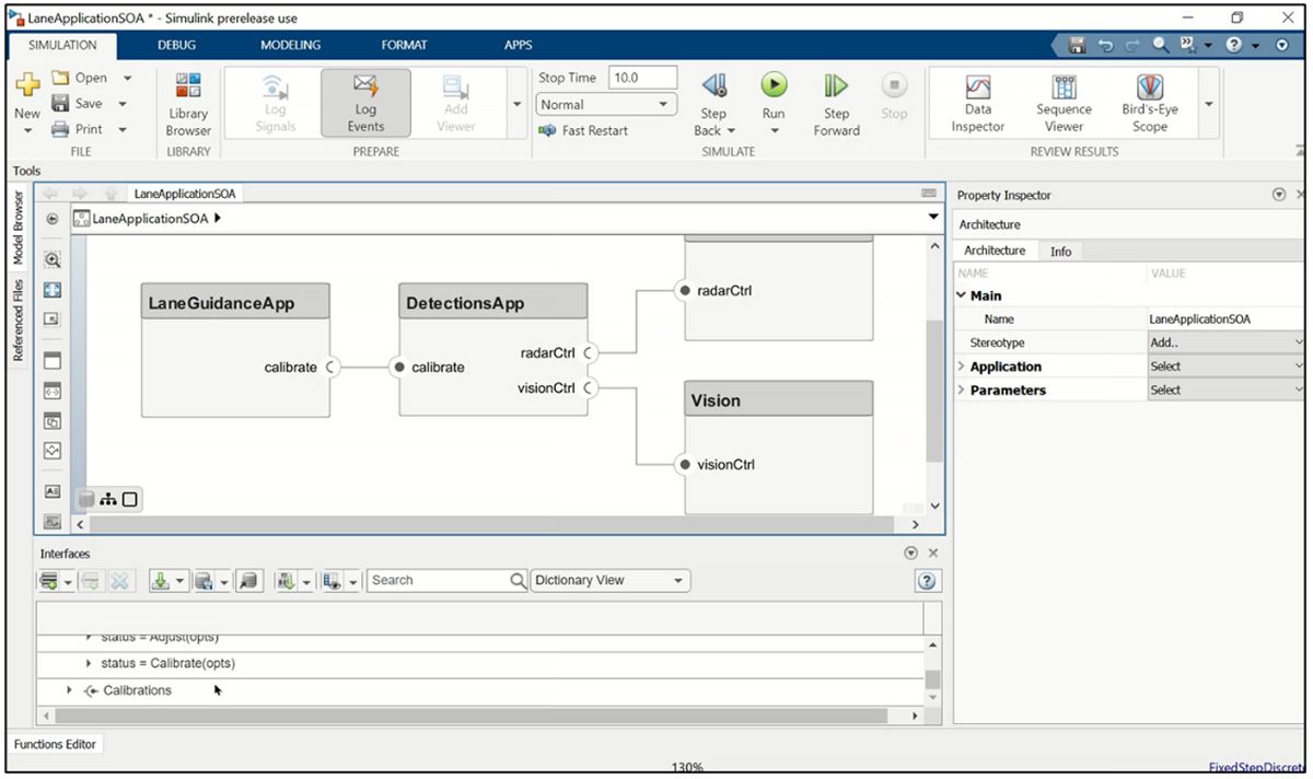 Screenshot showing how service interfaces and ports are configured in Simulink.