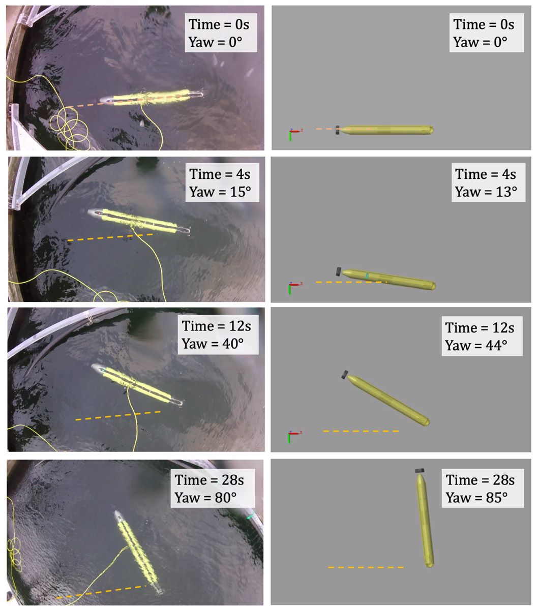 Side-by-side image series comparing SAM in a field test with the AUV in a corresponding simulation.