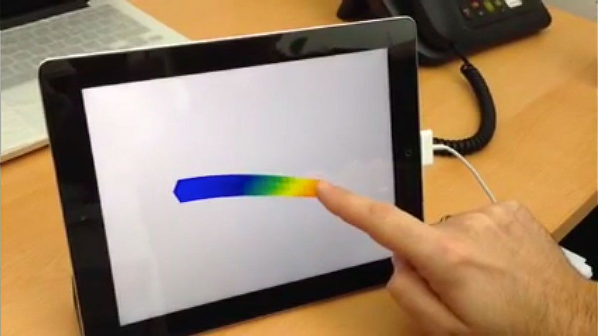 Figure 3. Interactive iPad app simulating a cantilever beam bending in response to a load applied at the point where the user’s finger contacts the screen.