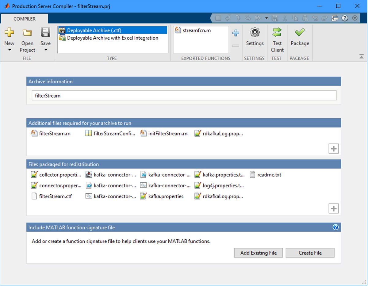 Screenshot of the Production Server Compiler app, prepopulated with information from the streaming analytic function.