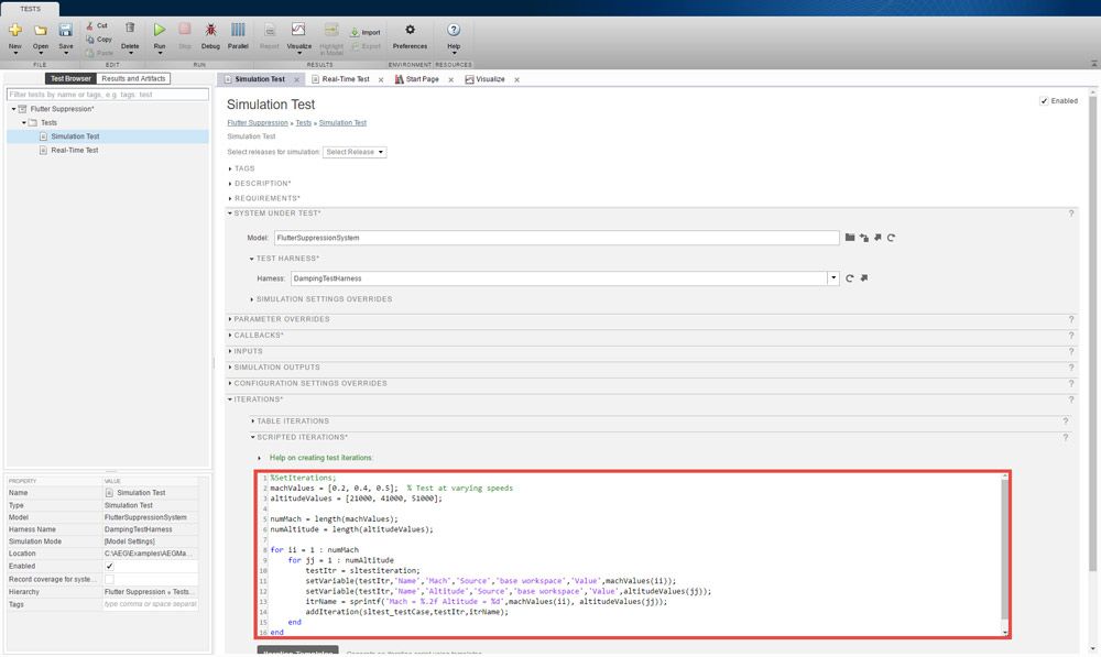 Figure 6. Setting iterations for different Mach and altitude values using a MATLAB script in the Test Manager interface.