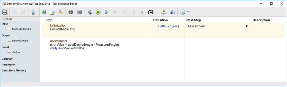 Figure 5. Test sequence with MATLAB action language.