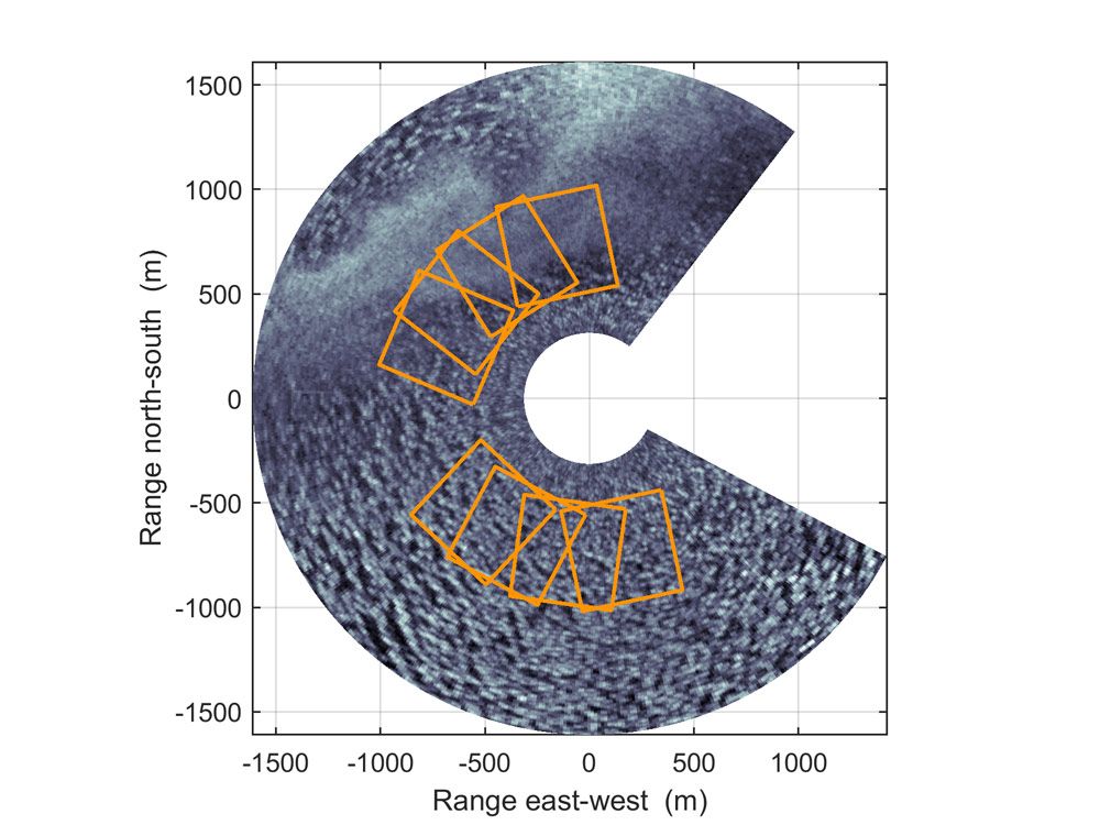 Figure 1. Wave pattern in top half of radar image disturbed by precipitation.