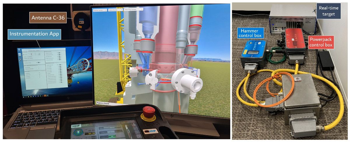 IQIP’s hardware-in-the-loop setup, consisting of the real control hardware, a machine simulation, a laptop, and a 3D plant visualization, as well as actual control hardware connected to the real-time target.